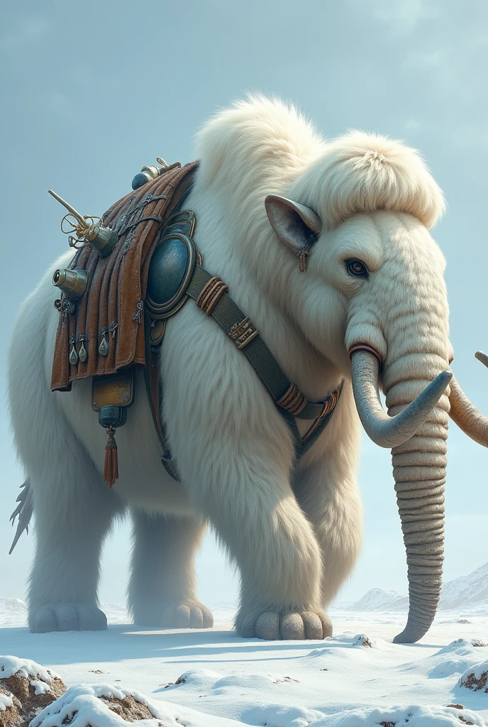 Create an evolved species of Mammuthus , living in another type of environment, one dressed for war with armor and a pack saddle with white fur.