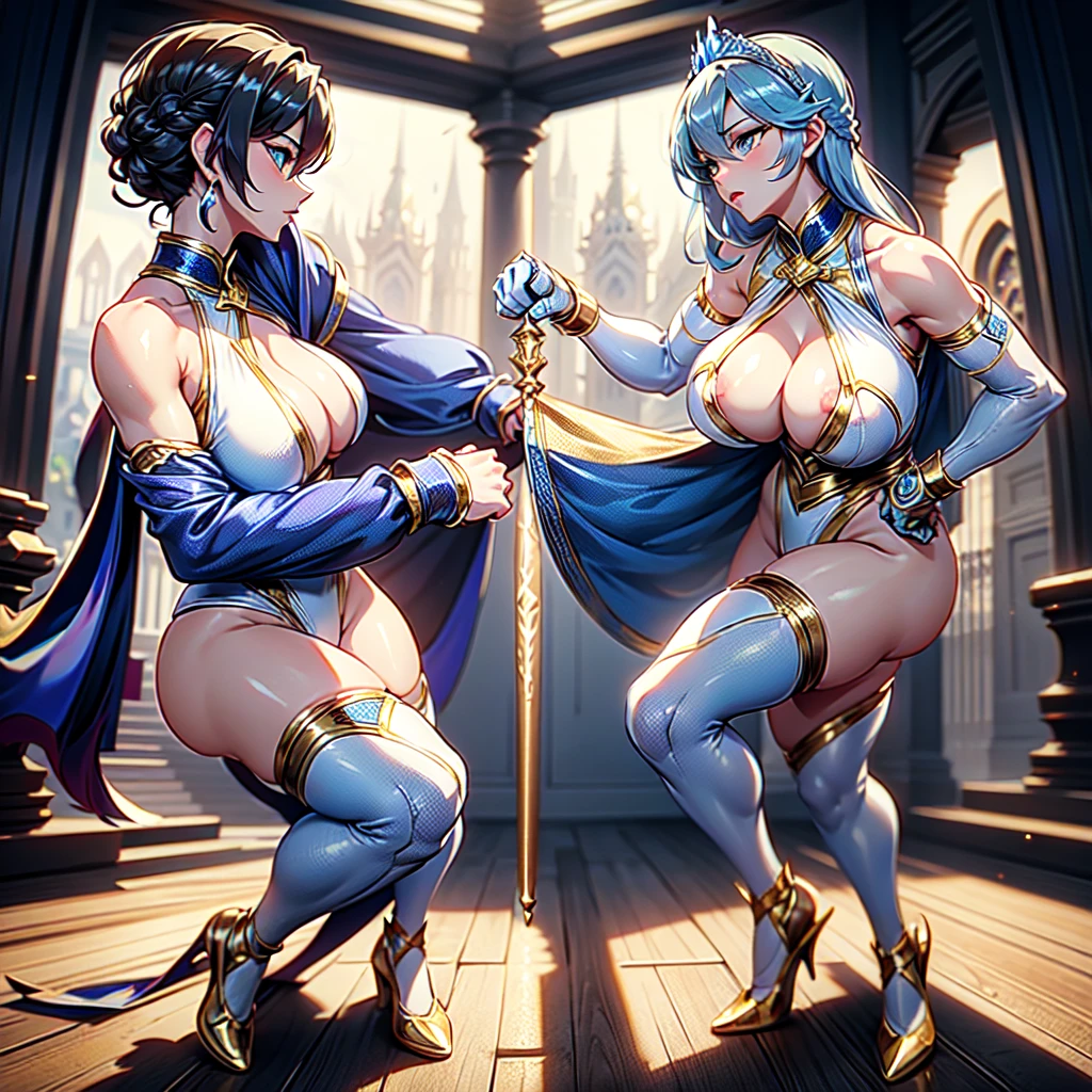 Cinderella VS Step mother , Good human art , Pixel Boxing style , Fullbody drawing , Fisting each other , NSFW , oversized oppai , boxing rings , Wear large boxing gloves In both hands ,Wear It is embroidered in gold Highleg athletic outfit, Celeblity.