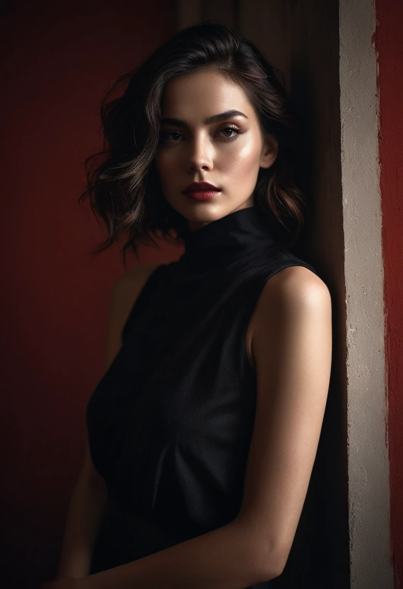 woman bathed in soft light, leaning against a wall, looking into the camera in a moment of raw emotion. Her attire is minimal, accentuating her beauty with the dramatic shadows cast by the lighting. The background is stark, with sharp contrasts highlighting the contours of her form. The red and black palette intensifies the mood, evoking a sense of mystery and allure. Subtle film grain and meticulous shading add depth and texture, emphasizing the emotional gravity of the scene. The lighting creates a chiaroscuro effect, accentuating her expressive pose and the intense atmosphere.