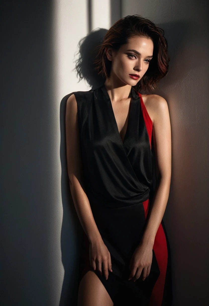 woman bathed in soft light, leaning against a wall, looking into the camera in a moment of raw emotion. Her attire is minimal, accentuating her beauty with the dramatic shadows cast by the lighting. The background is stark, with sharp contrasts highlighting the contours of her form. The red and black palette intensifies the mood, evoking a sense of mystery and allure. Subtle film grain and meticulous shading add depth and texture, emphasizing the emotional gravity of the scene. The lighting creates a chiaroscuro effect, accentuating her expressive pose and the intense atmosphere.
