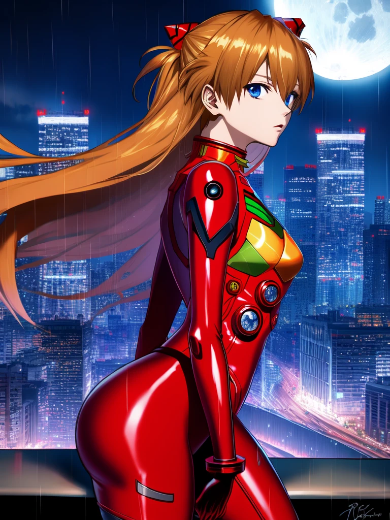 Asuka Langley ,masterpiece, best quality,,city,cyperpunk,night,rain,moon