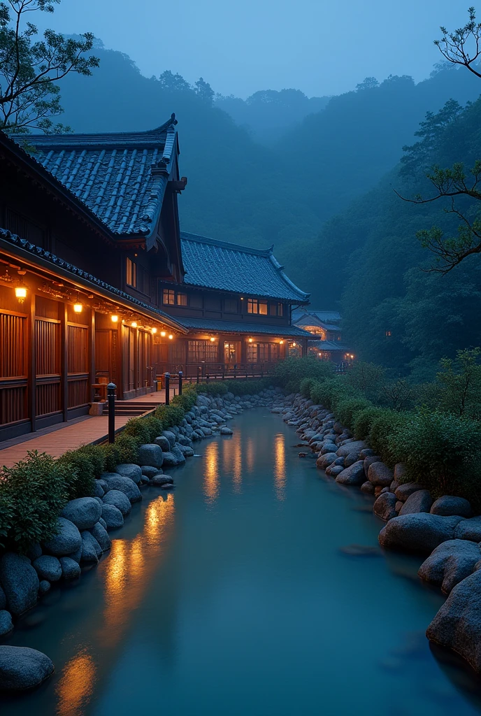 Ginzan Onsen、Night view、Beautiful Landscape、Spirited Away hot spring inn、Realistic texture、High-detail images、8k