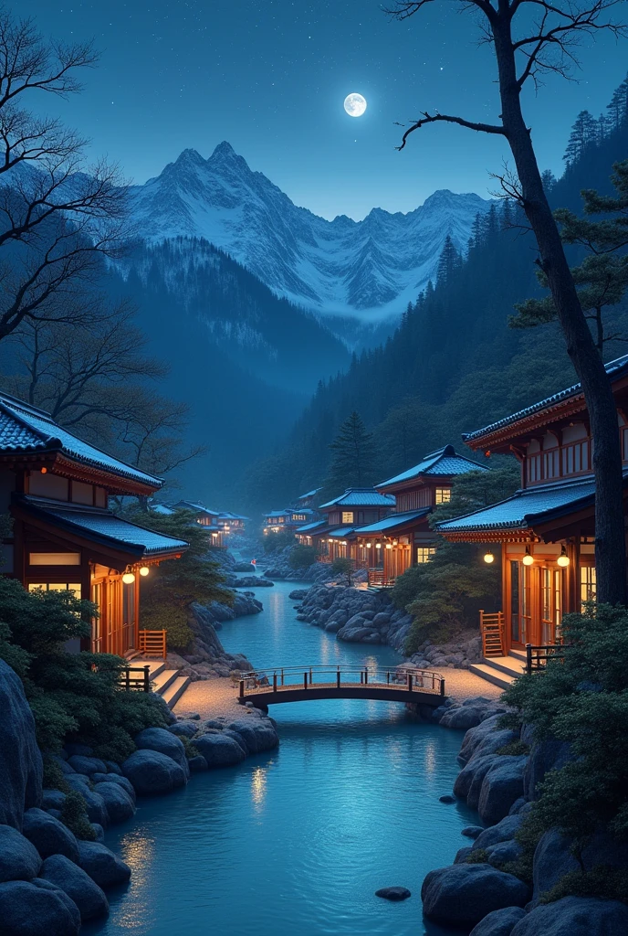 Ginzan Onsen、Night view、Beautiful Landscape、Spirited Away hot spring inn、Realistic texture、High-detail images、8k