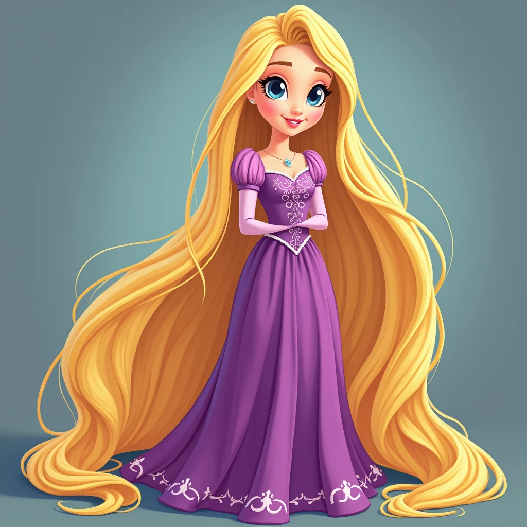 Rapunzel, with her purple dress and long blonde hair