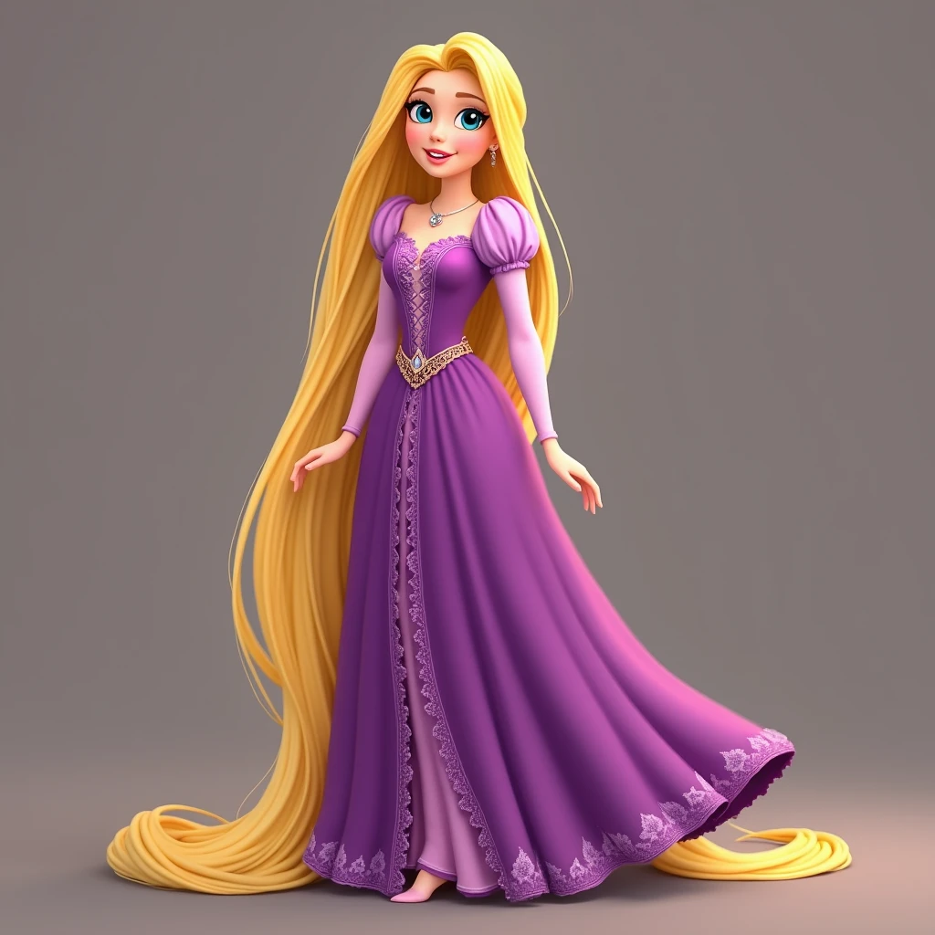 Rapunzel, with her purple dress and long blonde hair