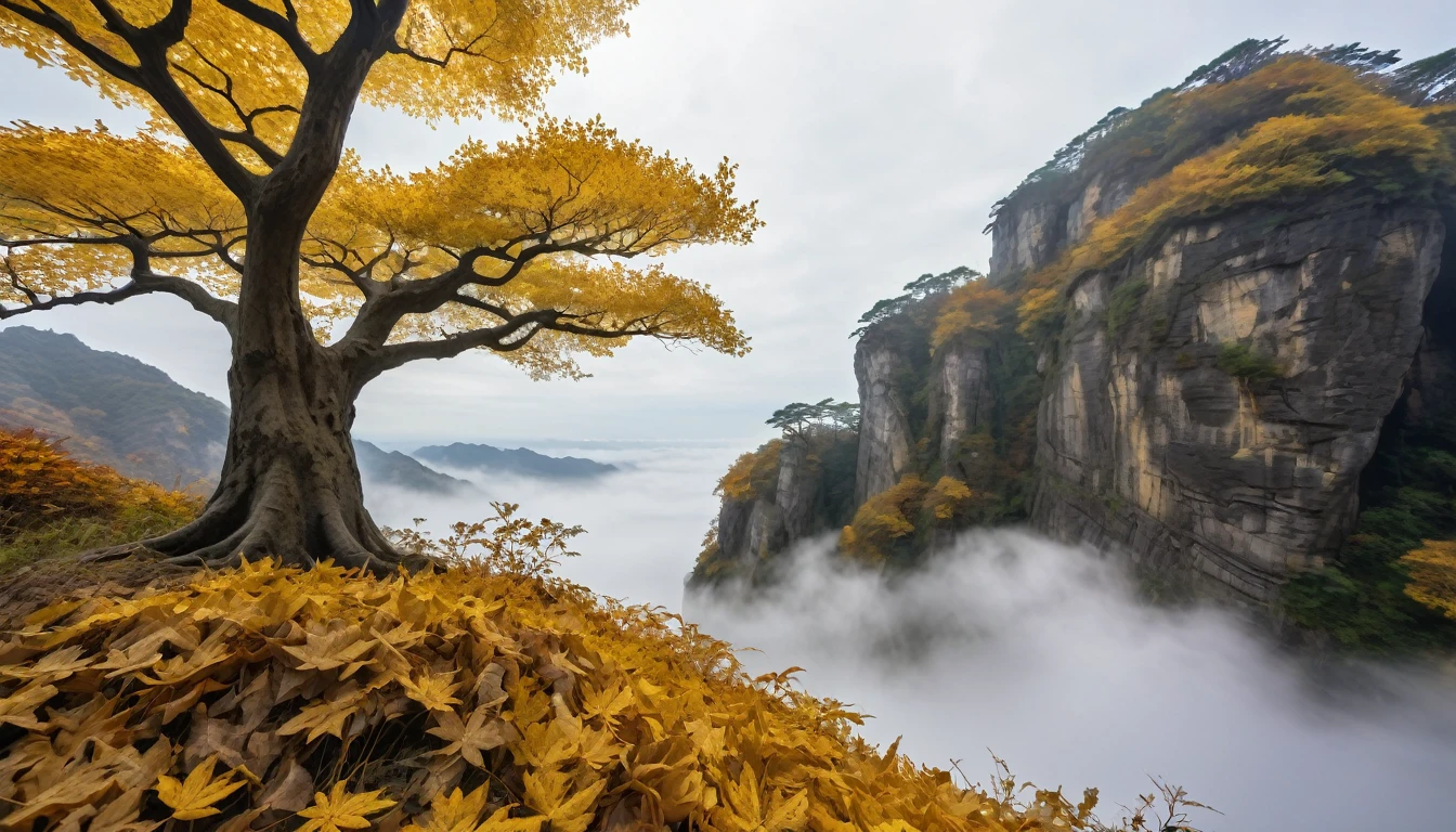 ((masterpiece, Fantasy,300kmの巨木の幹がcliff下から空まで伸びている, A lot of golden leaves in the sky, Cloudy sky on background, Angle to look up at the giant tree)),cliff,hill, grassland, fog, A quarter of the screen is a tree trunk