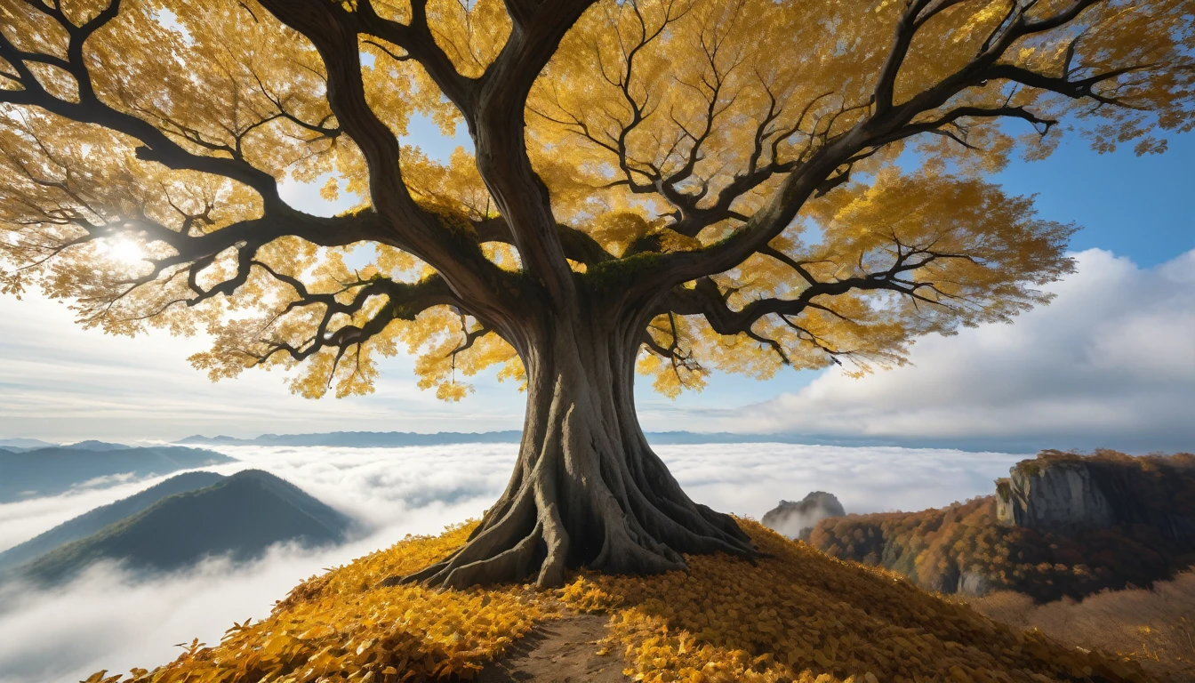 ((masterpiece, Fantasy,300kmの巨木の幹がcliff下から空まで伸びている, A lot of golden leaves in the sky, Cloudy sky on background, Angle to look up at the giant tree)),cliff,hill, grassland, fog, A quarter of the screen is a tree trunk
