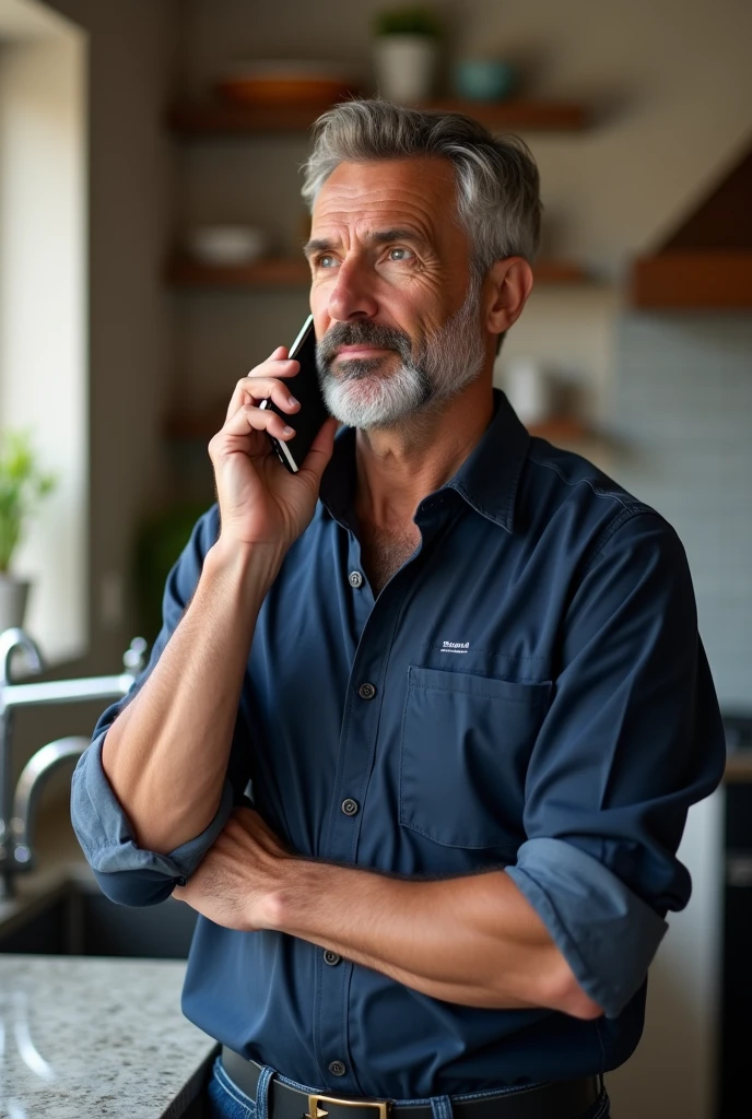 A photorealistic image of a middle-aged, diverse male plumber holding a smartphone to his left ear, engaged in a call. He's glancing slightly upward and to the right, with a thoughtful, attentive expression. The man is wearing professional plumber attire: a crisp, navy blue work shirt with rolled-up sleeves, revealing strong forearms. A subtle company logo is visible on the shirt pocket. He's standing in a modern kitchen, leaning casually against a granite countertop. In the blurred background, a chrome faucet and sink are partially visible. The image is framed from the chest up, focusing on his face and upper body. Warm, natural lighting enhances his features and creates a welcoming atmosphere. This high-resolution image should have the polished look of a professional trade magazine photo or high-end service website. The overall impression should be of an experienced, approachable tradesman ready to solve problems