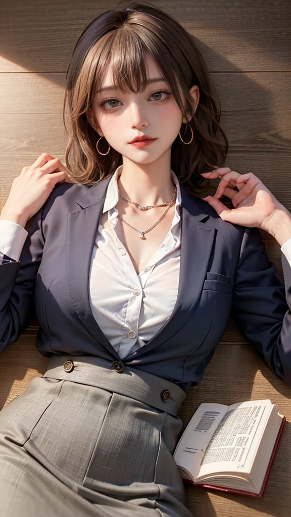(masutepiece: 1.3), (max resolution: 1.2), (Ultra HDTV: 1.2), cinema lite, Ultra HDTV, (Detailed eyes and skin), (detailed facial features), ultgp, 8K resolution, Sharp Focus: 1.2, Perfect Style, Beautiful Face, accurate, Anatomically correct, Highly detailed face and skin texture, Detailed eyes, (light-green eyes), Double eyelids, Thin eyebrows, Glitter Eyeliner: 1.2, Natural cheeks, Glossy skin, Fair skin: 1.2, shiny little necklace and earrings, (Glossy lips: 1.4), break, absurderes, One-person viewpoint, (she is high school Teacher), age22, (Wearing a Button up shirt, formal jackets, pencil skirts, high heels), (Seductive smile: 1.2), (Staring at the viewer), ((a Innocent and cute girl:1.3)), (Layered hairstyle, smooth Hair), (orange hair:1.3), (Medium bob Hair), (Full body shot: 1.2), Focus on Face, ((Very intimate relationships: 1.2)), huge breasts, ((lying on the table:1.4)), ((In school library)), (From directly above:1.2),