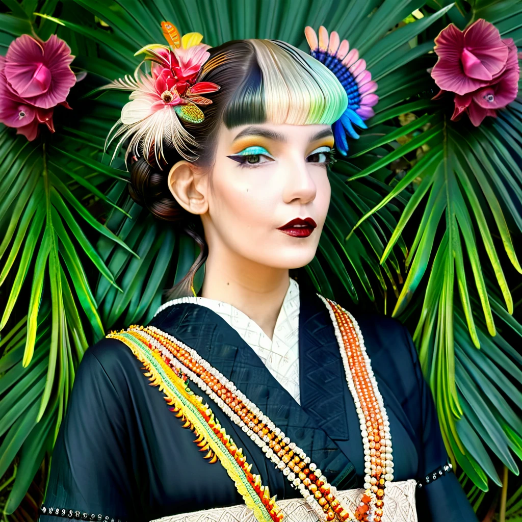 beautiful woman wearing fantastic hand-dyed cotton clothes, embellished beaded feather decorative fringe knots, colorful pigtail , subtropical flowers and plants, symmetrical face, intricate, elegant, highly detailed, 8k, digital painting,trending on pinterest, harperâs bazaar, concept, art, sharp focus, illustration, Tom Bagshaw, Lawrence Alma-Tadema, Alphonse Mucha