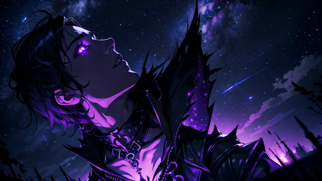 a gothic with black hair, purple eyes looking up at the starry sky, the stars reflected in his eyes, dark and mysterious, cinematic, dramatic lighting, moody atmosphere, hyper-detailed, 8K, high quality, photorealistic