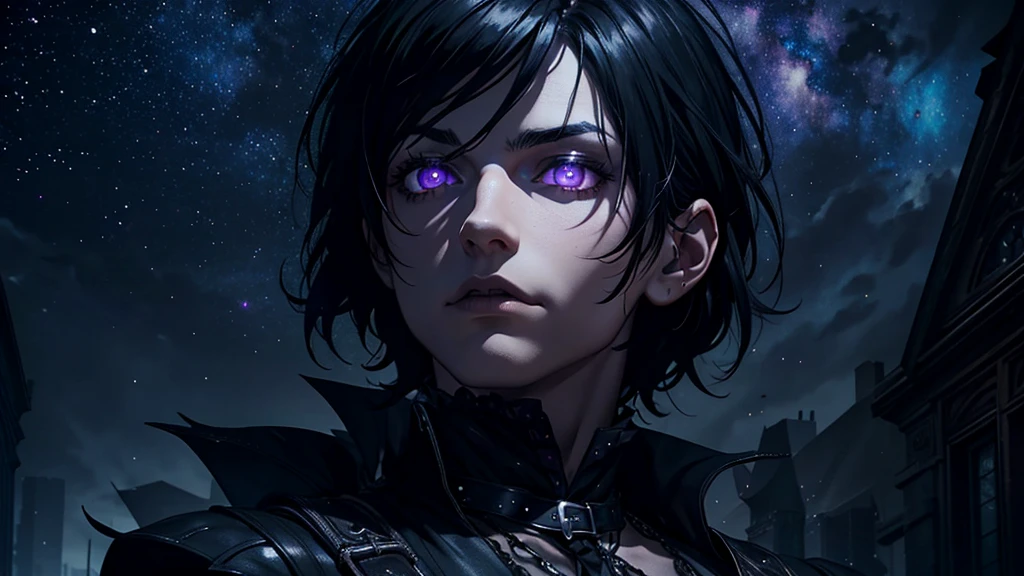a gothic with black hair, purple eyes looking up at the starry sky, the stars reflected in his eyes, dark and mysterious, cinematic, dramatic lighting, moody atmosphere, hyper-detailed, 8K, high quality, photorealistic