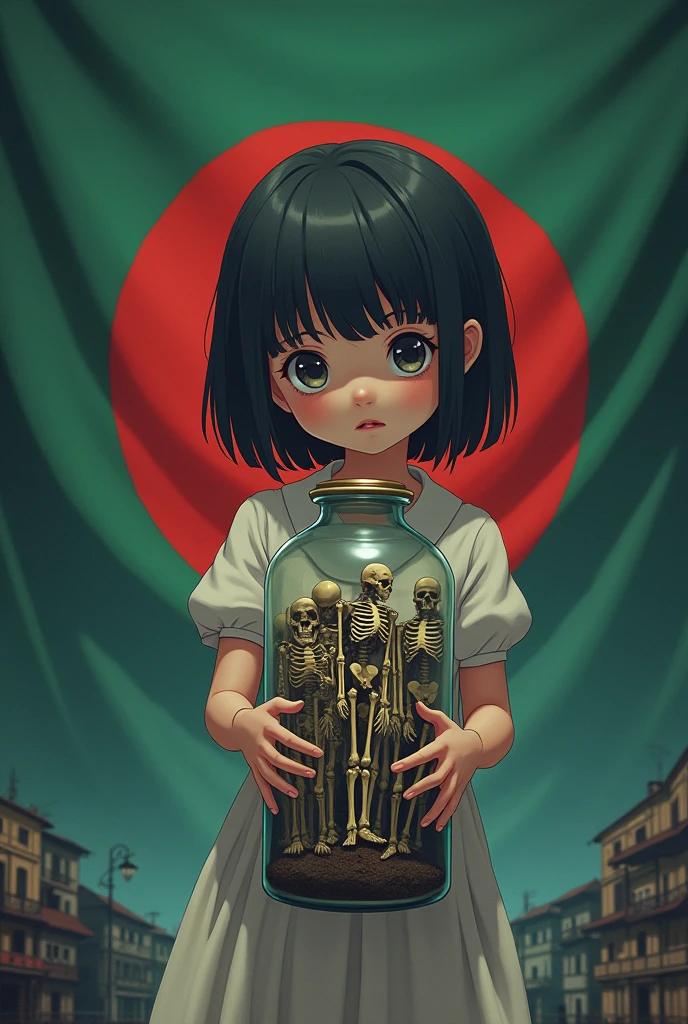A anime girl have a bottle of red blood filled with skeletons.  There is a anime background . The national flag of Bangladesh is flowing behind the bottle.