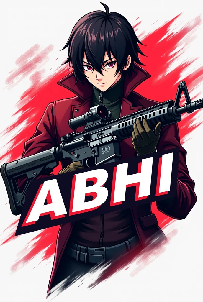 Make a gaming logo with the name of abhi behind name a anime boy whith a scarl gun of pubg and a red  x suit wear and full cover with suit and face is not visible
