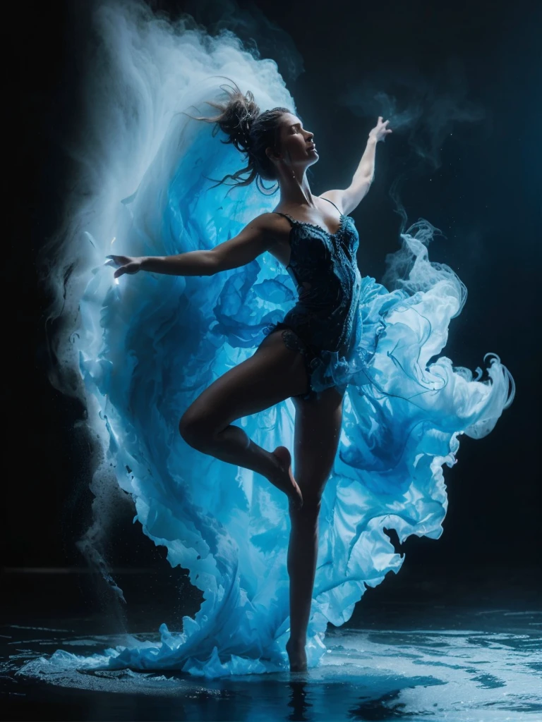 Photographic realistic 16k , ultra detailed,sketch of a female naturiste dancer in white smoke spiral in a black reflective waters, light blue lace satin silky flowing smoke wild windy water tourbillion, alberto seveso, splash art, ink cloud, dynamic dancing pose, dramatic lighting, cgsociety, intricate, epic, artstation, cinematic, photo with canon eos 5d mark iv, cinematic, realistic, black background, photo fusion, sfx photo.