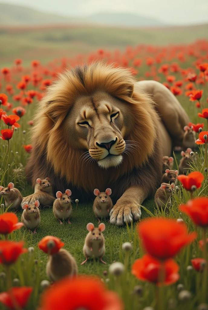 Create an image of a group of many mice carrying a large, SLEEPING lion around a field of poppies
