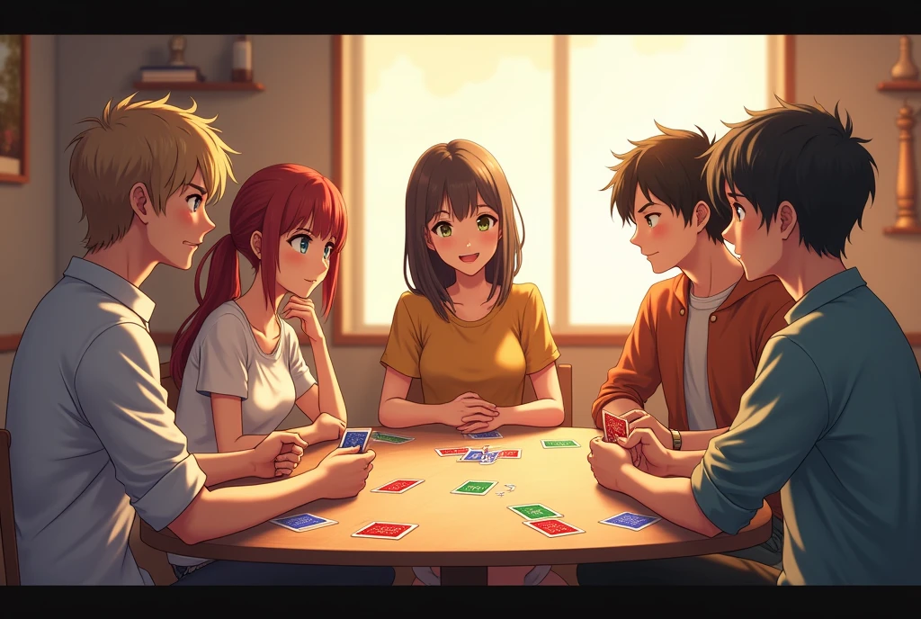 Card games, Cozy cafe、Soft lighting、Wooden table、Warm shades, anime,
Smiling group of friends、sitting around the table、Relaxed posture,
Colorful Cards、spread out on the table、A nervous player