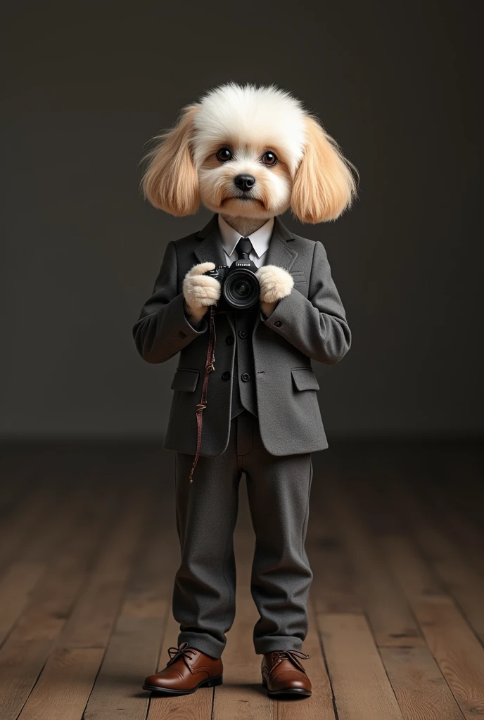 cute dog，Personification，full-body shot，Nice dog，Photographer形象，Wear fine leather shoes，Holding a camera，tripod，Photographer，Photo gesture,Set,Suit，tie, (Delicate face), (Fine hairs)，（35mm Cinema Lens），（Multi-angle shooting），（many viewing angles）