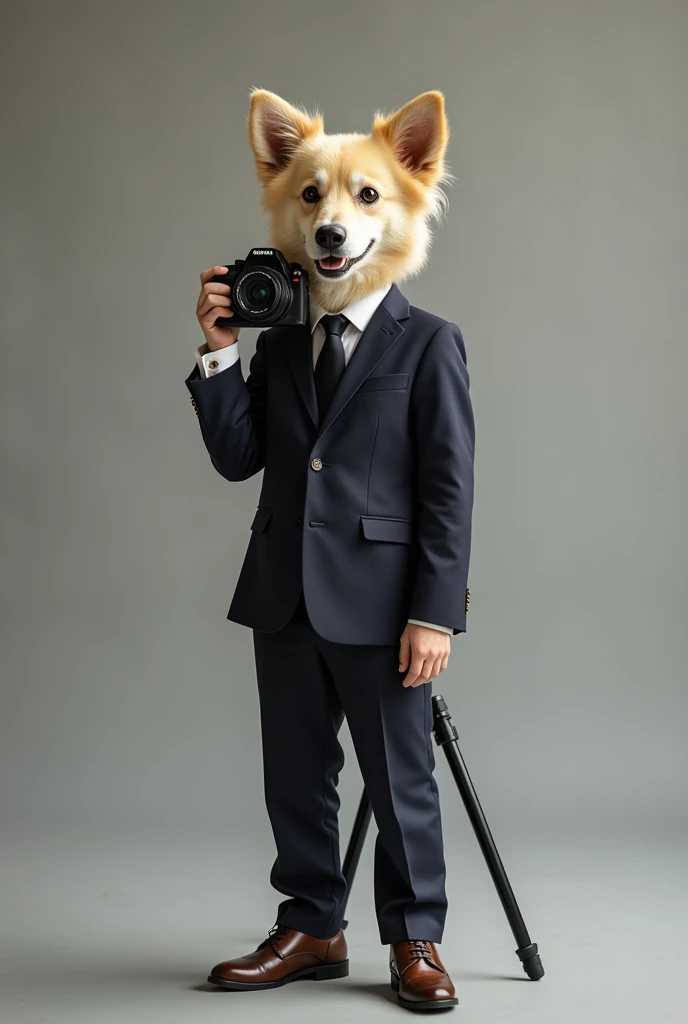cute dog,Personification,full-body shot,Nice dog,Photographer形象,Wear fine leather shoes,Holding a camera,tripod,Photographer,Photo gesture,Set,Suit,tie, (Delicate face), (Fine hairs),(35mm Cinema Lens),(Multi-angle shooting),(many viewing angles)