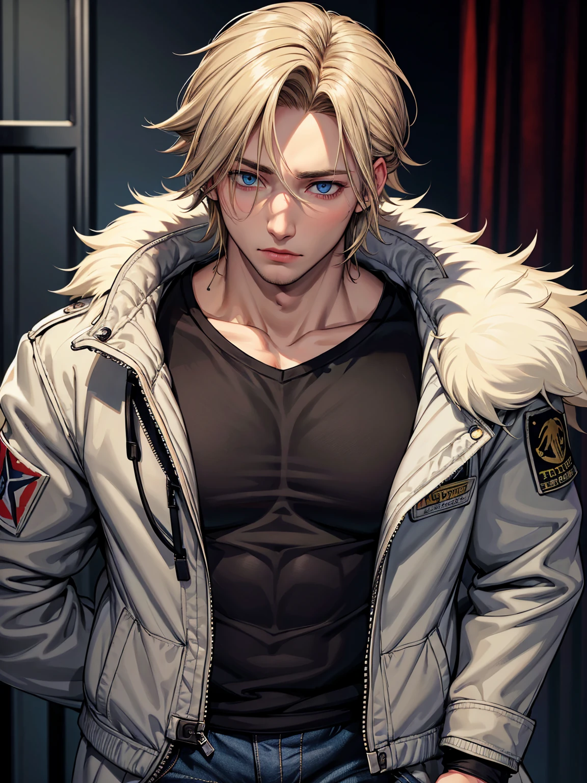 1boy, (Name: Alex Hendry), Blonde,Mullet Hair 1:3, Handsome, Cool, Sherpa Furry Jacket, In a Dark Hospital, Detailed, , Jeans, Perfect Eyes, Silent Hill's Vibes, Perfect Face