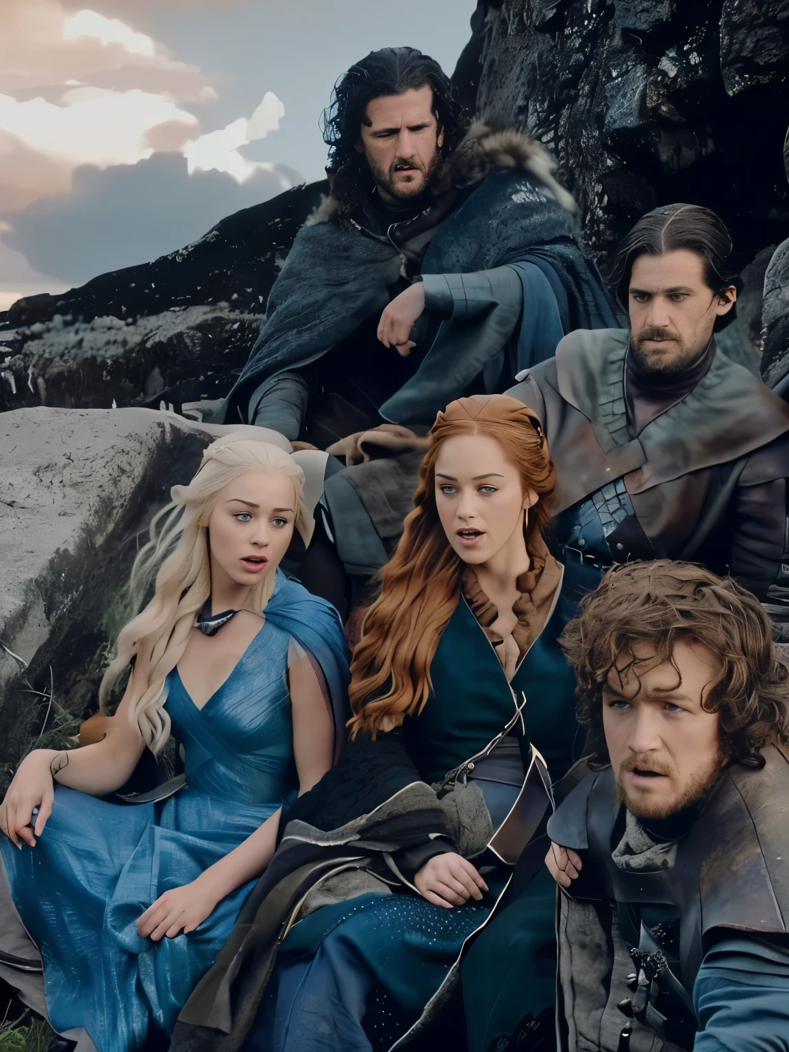 a close up of a group of characters from game of thrones sitting on a rock near a body of water, games of thrones, game of thrones, style of game of thrones, hbo adaptation, from of thrones, game of thrones style, shot from game of thrones, still image from game of thrones, hbo, textless, fame of thrones, still from game of thrones, tv series