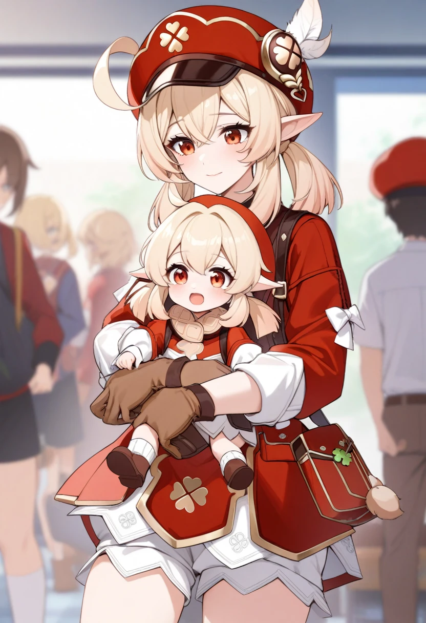 (mother and daughter, age_difference,size_difference), listening to the heartbeat , hugging each other, , masterpiece, best quality, very aesthetic, absurdres, ,klee_(genshin_impact), genshin_impact, blonde_hair, ahoge, hair_between_eyes, low_twintails, medium_hair, pointy_ears, sidelocks, cabbie_hat, red_hat,four-leaf_clover, clover_print,  brown_gloves, gold_trim, pom_pom_(clothes), puffy_sleeves, puffy_long_sleeves, light_long_sleeves, bloomers, dress, red_dress, ankle_boots, brown_footwear, kneehighs, white_socks, bandaid, pocket,,in school, in college,blur background,background defocus,