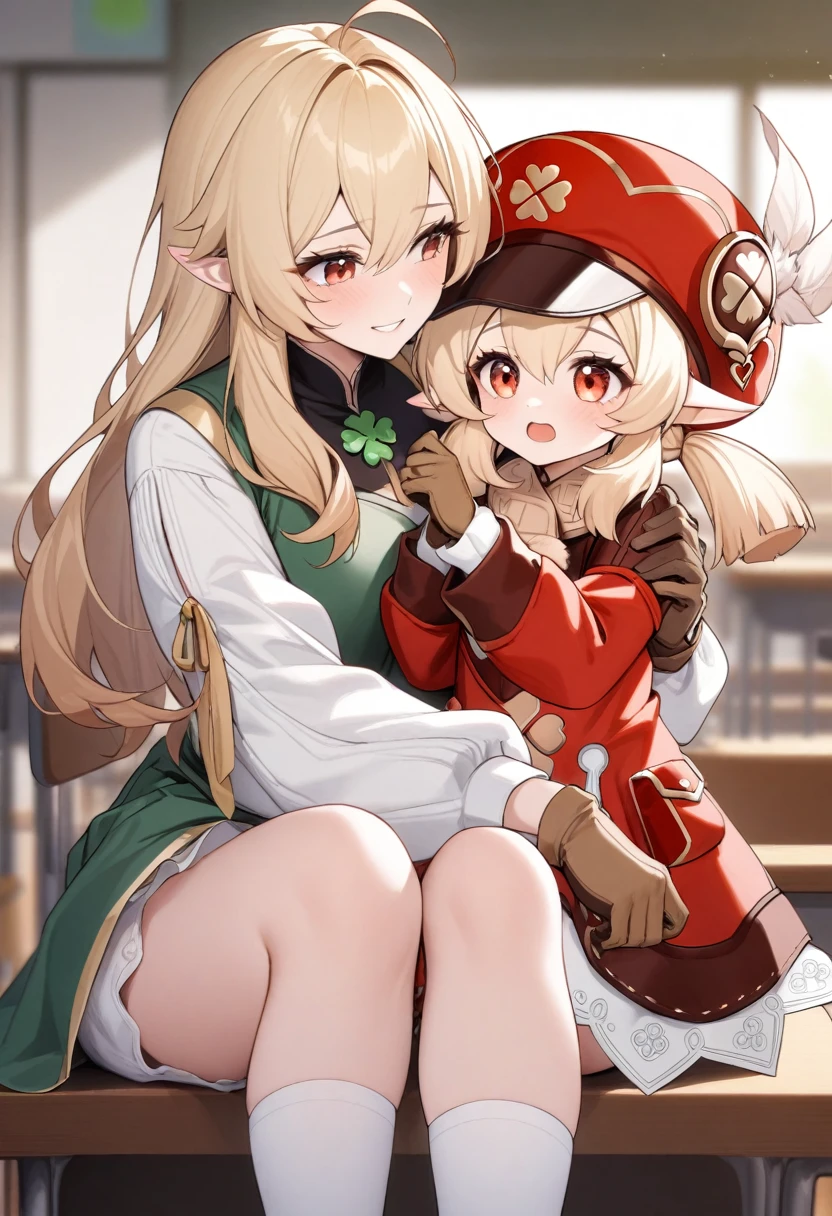 (mother and daughter, age_difference,size_difference), listening to the heartbeat , hugging each other, , masterpiece, best quality, very aesthetic, absurdres, ,klee_(genshin_impact), genshin_impact, blonde_hair, ahoge, hair_between_eyes, low_twintails, medium_hair, pointy_ears, sidelocks, cabbie_hat, red_hat,four-leaf_clover, clover_print, brown_gloves, gold_trim, pom_pom_(clothes), puffy_sleeves, puffy_long_sleeves, light_long_sleeves, bloomers, dress, red_dress, ankle_boots, brown_footwear, kneehighs, white_socks, bandaid, pocket,,in school, in college,blur background,background defocus,