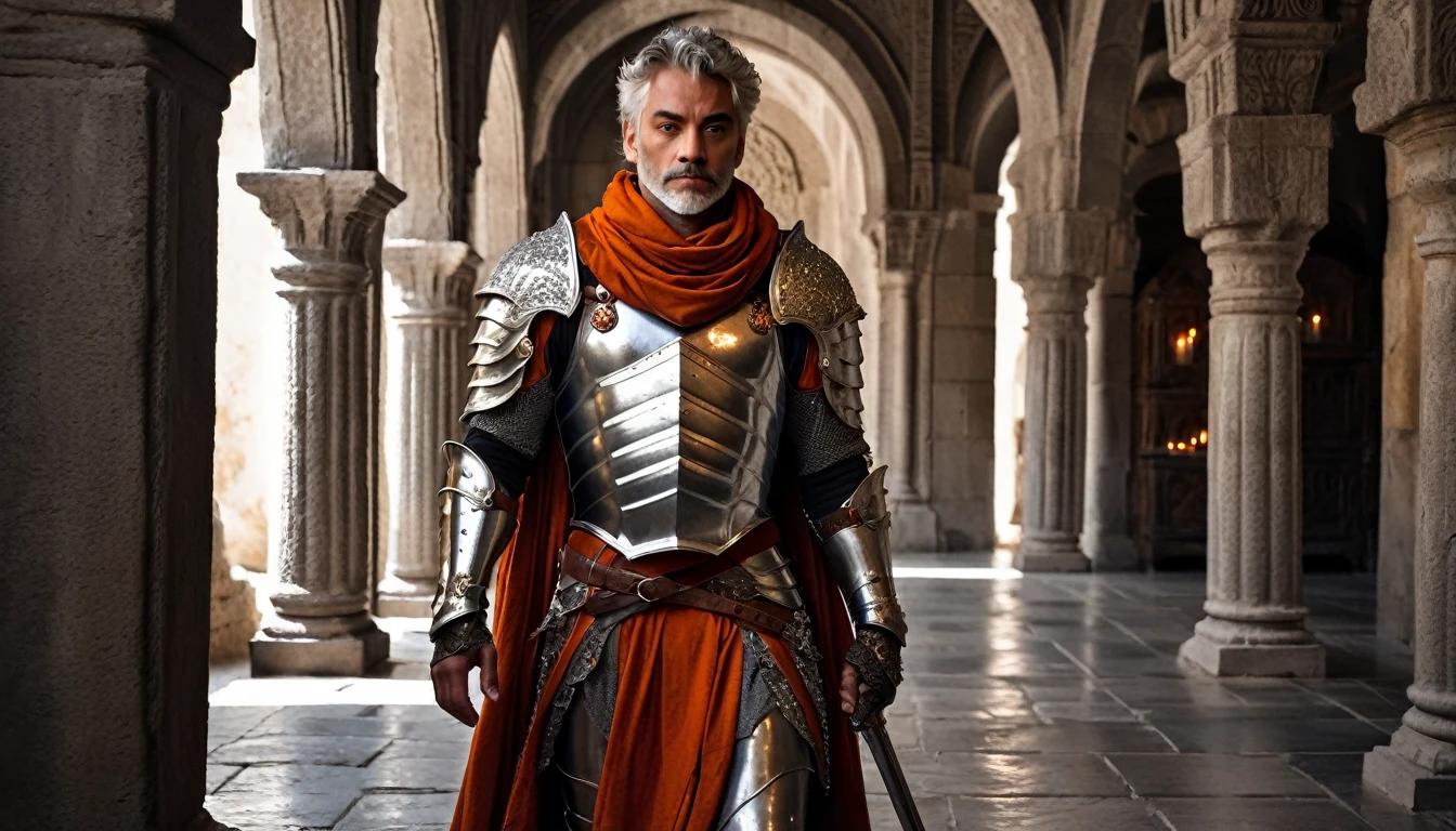 ((masterpiece, The silver armor is intricately decorated and not intended for combat.,Gorgeous filigree armor, Detailed fantasy armor,Has dark orange fur on shoulders)), Inside a stone building, Stone slabs scattered on the floor, A muscular man in armor walking towards the front, dim, Gray Hair, Candles along the walls light up the room., He holds a large, twisted, dark red rapier in his hand., Wearing a dirty cloak, He wears a dirty dark red loincloth under his armor.,There are three small orange gems on the chest., White metal decoration on shoulder