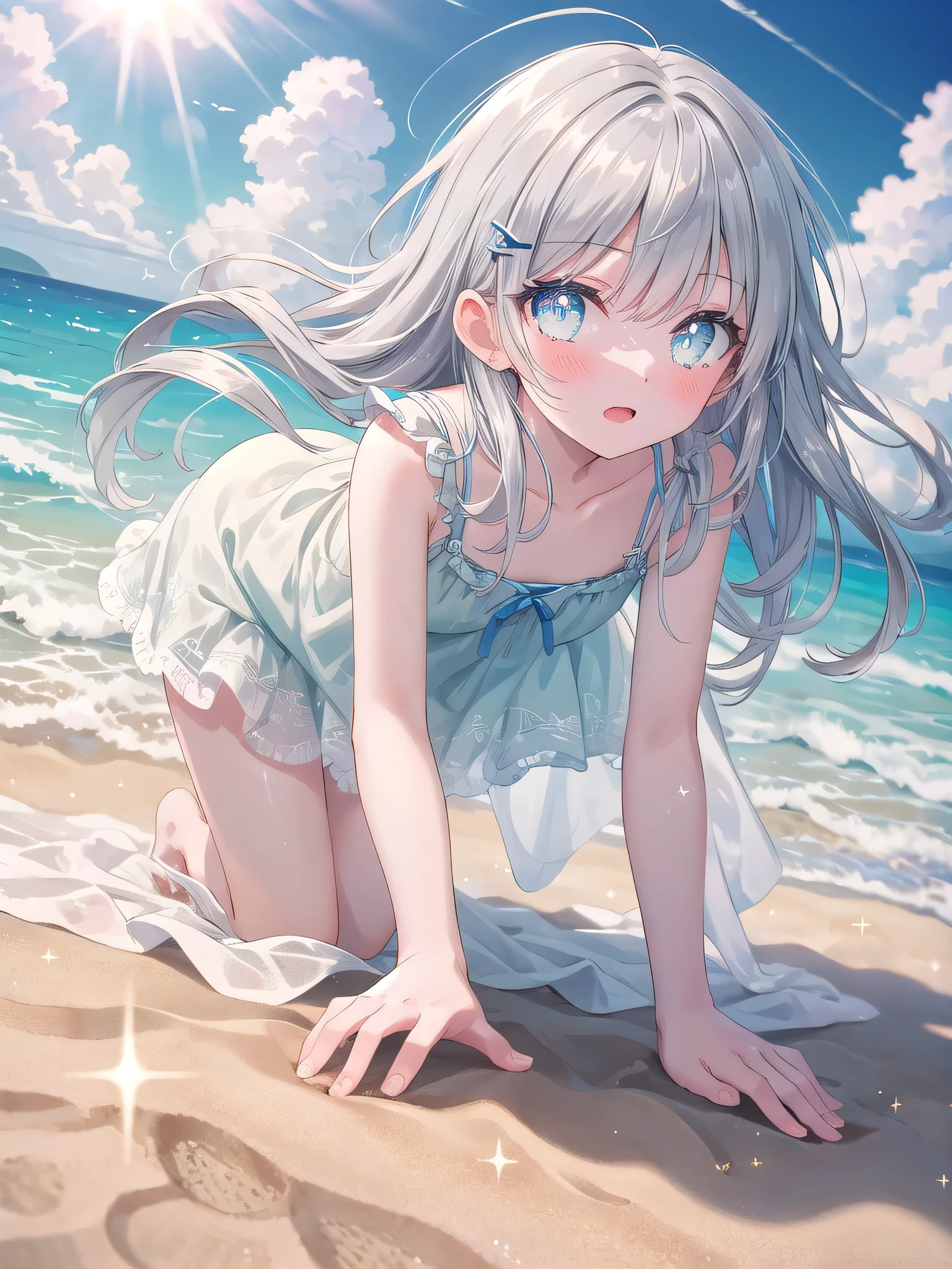 (8K, Highest Quality, Masterpiece:1.3)), Ultra High Resolution, (1 girl, solo), (Color Changing Eyes, Highly Detailed, Expressive Sparkle, Sparkling Eyes), Highly Detailed Eyes, Highly Detailed Face, Random Hair, (Silver Grey Color), Hair Clip, Flat Chest, (Summer Dress:1.2), Pastel Underwear, (Fun Expression:1.2), (Beach, Sand, Shining Sunlight:1.1), On All Fours, View from Below