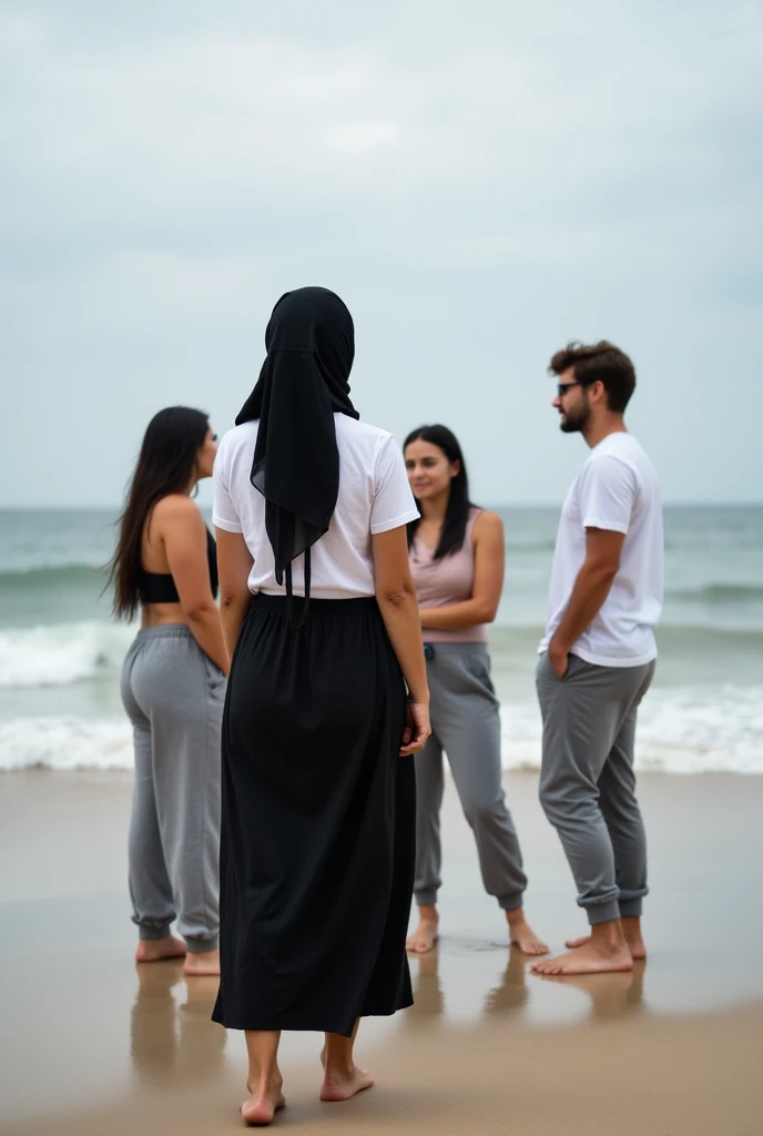 A pregnant hijaber pretty woman, wearing a cream hoodie with a strong vector design featuring a silhouetted image of a five-fingered palm in pastel colour. The indonesian phrase "JANGAN YA DEK JANGAN" is displayed in bold simple elegand, distressed typography with pastel colours, while holding her long skirt, one-handed pose pointing upwards, in a public place, covered by many naked couples kissing, making love, jav idol, with front shooting angle, very realistic, (complex detail: 0.9), (hdr, hyperdetail: 1.2), RAW, Sony Alpha a9 II, 24-105mm f/4, HDR,