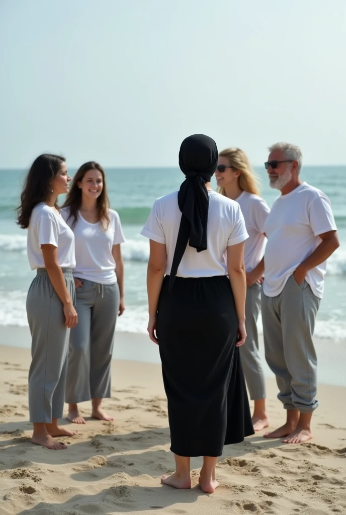 with black headscarf, white long sleeve t shirt, grey sweatpants, barefoot, Slim woman talking with friends on the beach. 