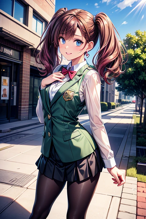 #Basics A girl is posing for a photo, (((One Girl))), (((Baby Face:1.4)) + ((cute:1.4)) + ((15 years old))),
break
#Clothing Accessories
((school uniform)) : ((Green student blazer:1.2)) + ((Green student vest)) + ((Blue pleated skirt)) + ((Sheer black pantyhose:1.4)), (Brown loafers),
(red gem earrings),
break
#Features
((Matte pink hair:1.2)) + ((Center-parted bangs + Very long side bangs)) + ((Twin tails : Short Hair + Voluminous Hair + Wavy Hair + Hair curled outside)),
((Droopy eyes:1.4, Big eyes:1.2), blue eyes), (Small breasts:1.2), (Neutral facial features),
break
#background environment
((noon, Sunlit sidewalk in downtown + street tree)),
#Facial Expression Pose
(smile, blush), (Stretch one hand forward、Standing pose with other hand clasped behind back),
#composition
(Look into the camera), ((Character Focus), (Angle from the front), (Cowboy Shot)),
break
#Body parts elements
(Slim figure),
(Symmetrical facial features),
(Detailed Hair, Beautiful Hair, Shiny Hair),
(double eyelid, Long eyelashes, Thin eyebrows:0.5, Thin eyebrows:0.5),
(Expression of fine eyes, Beautiful and delicate eyes, Sparkling eyes, Eye Reflexes, Glitter Eyeliner),
(Human Ear),
(Beautiful Nose, Thin Nose),
(Glossy Lips, Beautiful Lips, Thick lips),
(Detailed skin, Textured skin, Beautiful Skin, Oily skin),
break
#Quality Image Quality Common
(((Highest quality)), ((masterpiece:1.3)), ((Very detailed))), ((Ultra-high resolution)), ((16K, 1080P)), ((Full HD)),
(Anatomically correct), (Realistic), (3DCG), (Oil painting),
((comics, anime)), (CG illustration), (RAW Photos),