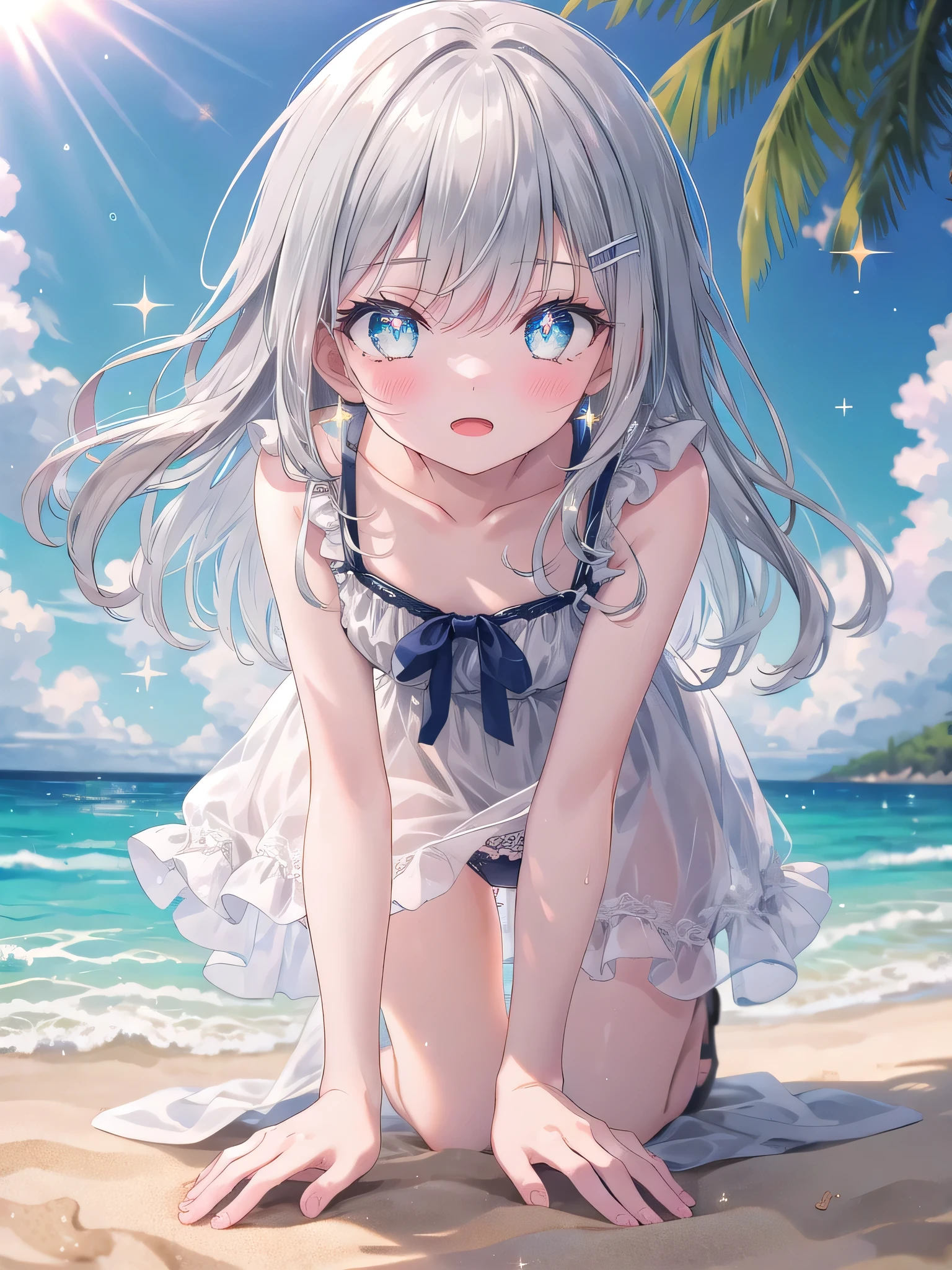 (8K, Highest Quality, Masterpiece:1.3)), Ultra High Resolution, (1 girl, solo), (Color Changing Eyes, Highly Detailed, Expressive Sparkle, Sparkling Eyes), Highly Detailed Eyes, Highly Detailed Face, Random Hair, (Silver Grey Color), Hair Clip, Flat Chest, (Summer Dress:1.2), Pastel Underwear, (Fun Expression:1.2), (Beach, Sand, Shining Sunlight:1.1), On All Fours, View from Below