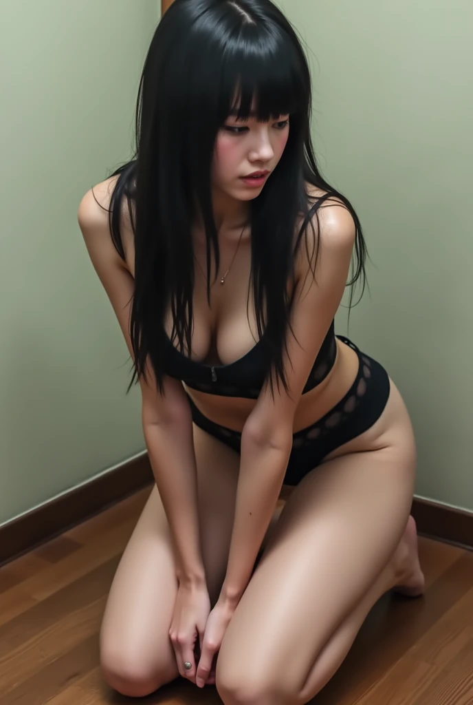 Japanese trans, black eyes, straight black hair, she is half naked only in panties and in her private parts a volume of her dick because she is a transgender woman her name is akimo