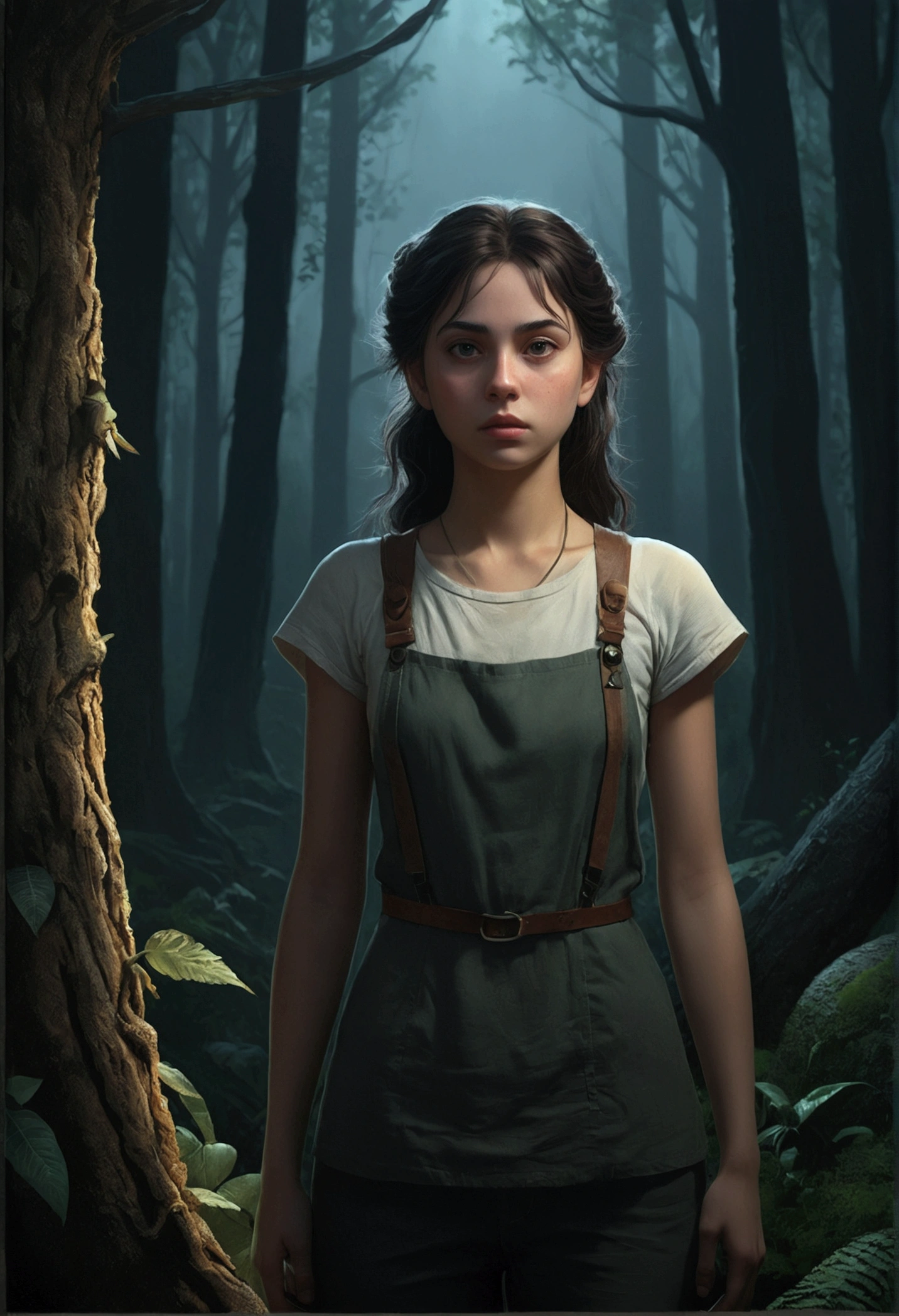 Beautiful girl standing in the dark forest, Epic Style, Octane Rendering, Desert ingredients, Pretty Face, Surrealism, Oil on canvas, The award-winning, masterpiece, Popular on artstation, Studio Ghibli