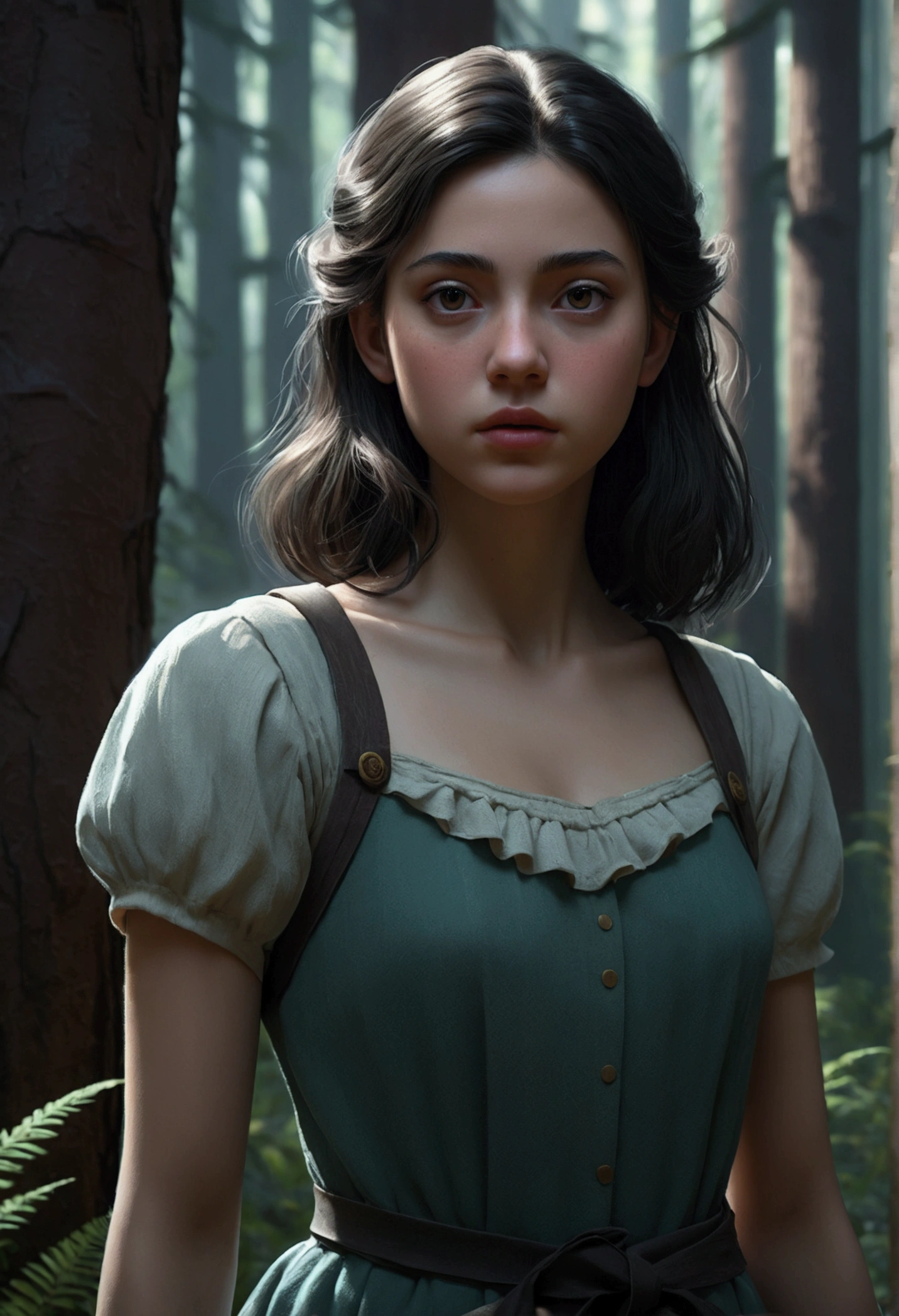 Beautiful girl standing in the dark forest, Epic Style, Octane Rendering, Desert ingredients, Pretty Face, Surrealism, Oil on canvas, The award-winning, masterpiece, Popular on artstation, Studio Ghibli