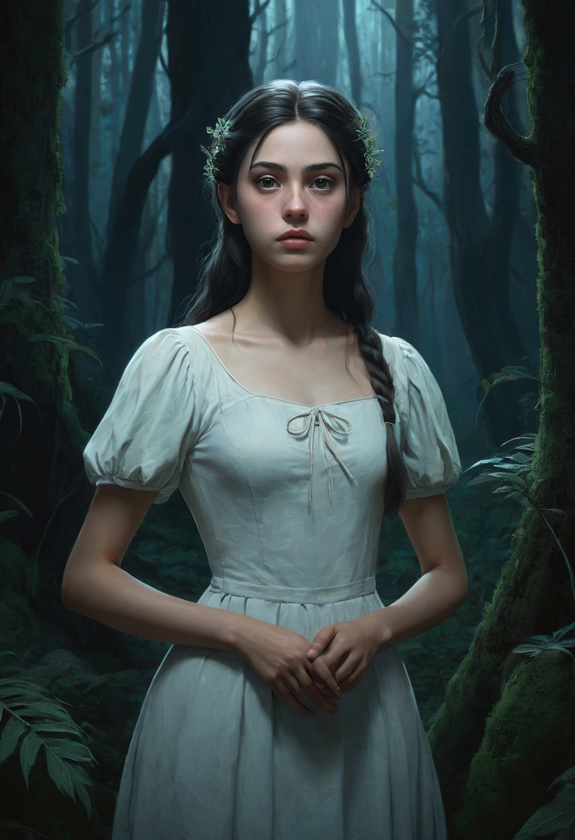 Beautiful girl standing in the dark forest, Epic Style, Octane Rendering, Desert ingredients, Pretty Face, Surrealism, Oil on canvas, The award-winning, masterpiece, Popular on artstation, Studio Ghibli