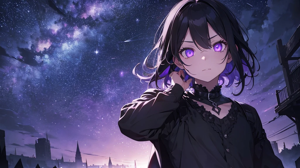 a gothic man with black hair, purple eyes looking up at the starry sky, the stars reflected in his eyes, dark and mysterious, cinematic, dramatic lighting, moody atmosphere, hyper-detailed, 8K, high quality, photorealistic