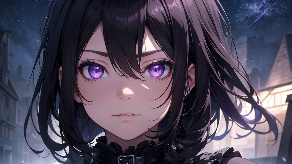 a gothic man with black hair, purple eyes looking up at the starry sky, the stars reflected in his eyes, dark and mysterious, cinematic, dramatic lighting, moody atmosphere, hyper-detailed, 8K, high quality, photorealistic