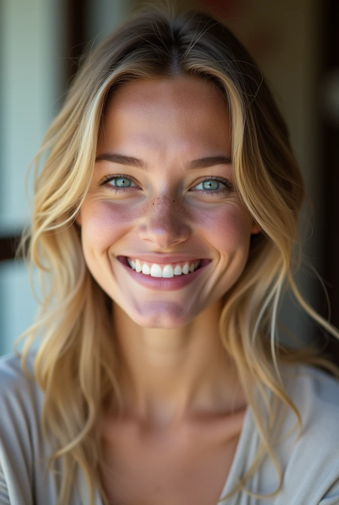 A portrait of a 19-year-old women with striking blue eyes, captured in a natural and genuine moment. Her skin is youthful and fresh, with a natural glow. Her hair is styled simply, reflecting everyday wear, and she’s dressed in a casual, modern outfit that looks effortless yet fashionable. Her expression is warm and authentic, with a natural smile that conveys confidence and friendliness. The setting is casual and relatable, such as a relaxed outdoor scene or a cozy indoor environment, to enhance the realism and appeal of the photo. The content is intended to be explicit, but the portrayal should remain tasteful and respectful.