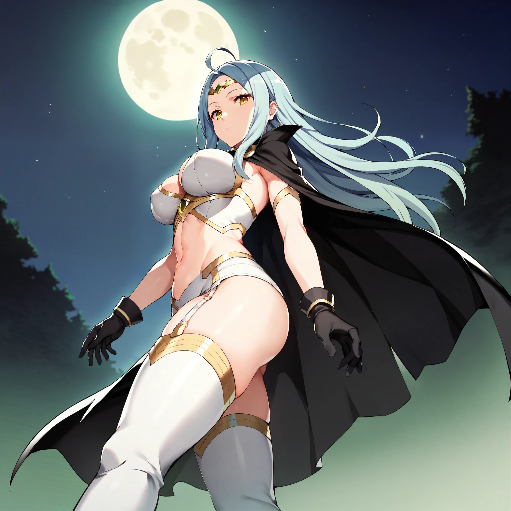score_9, score_8_up, score_7_up, score_6_up, BREAK source_anime, best quality, masterpiece,
1girl, solo, nowi feh, white clothing, two-piece bodysuit, silvery shining bodysuit, midriff, long blue hair, yellow-eyes, circlet, black cape, big breasts, black gloves, white multiple belts, garter straps, thighhighs, black thigh boots, expressionless, looking at viewer, night sky, post-apocalypse, crumbling city on background, late night, moon, dark alleyway, detailed face, sideview, low angle view, walking, tree-quarter view,