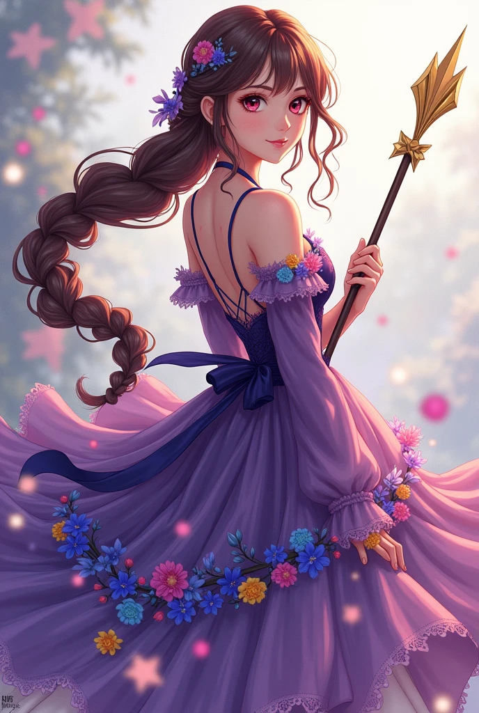 Generate me an anime style image of a girl with a long braid(rapunzel type) She has brown hair and wine red eyes that lean towards dark magenta., Her outfit is a purple dress with blue, pink and yellow flowers down to her feet with straps and ruffles from the bust to the foot and in her hand she has a spear in the shape of a golden arrow(que not the theresa apocalipse but honkai impact 3rd)
