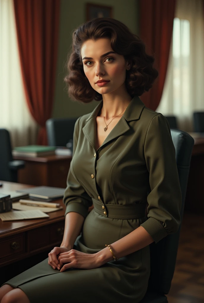 Russian Secretary,1940 year,1940 style, brunette,breasts under dress