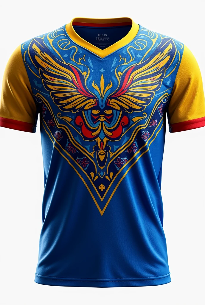 Ecuador sports jersey in blue , with ethnic designs on the t-shirt