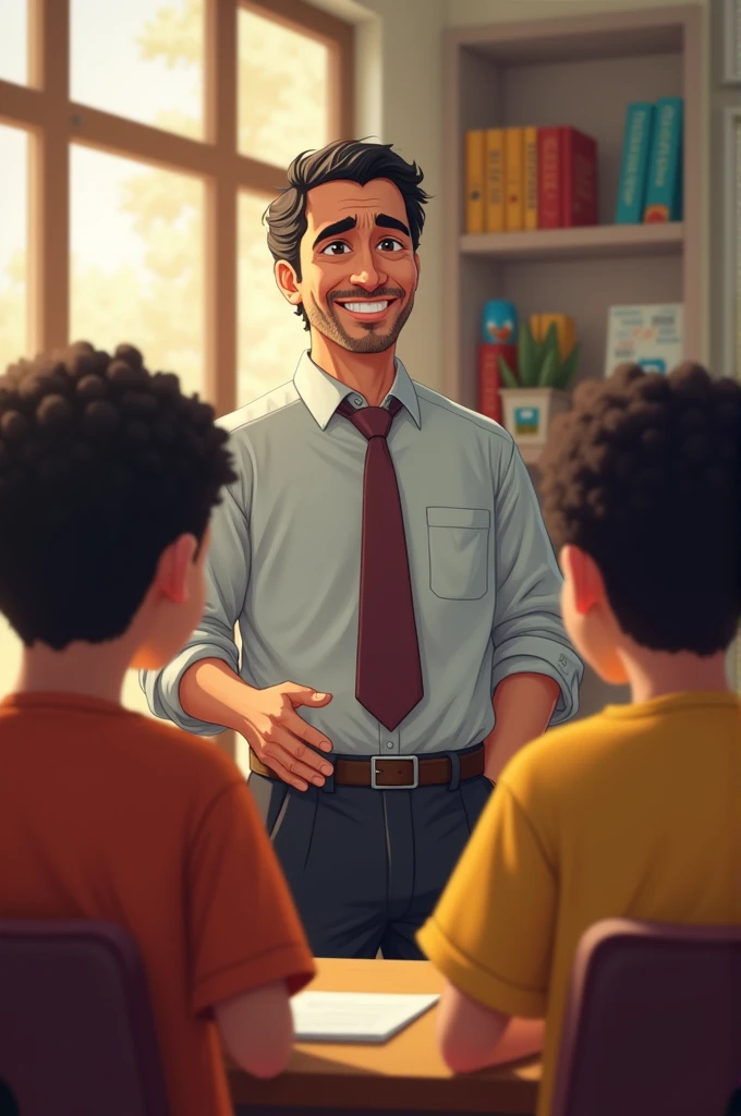 Scene 11 Mr..Gomez, Yeiner's teacher is proud of Yeiner and Frank's progress. He realizes that responsibility is key to academic and personal success. Yeiner is , Frank is 9 years old, aacher is 45 years old.