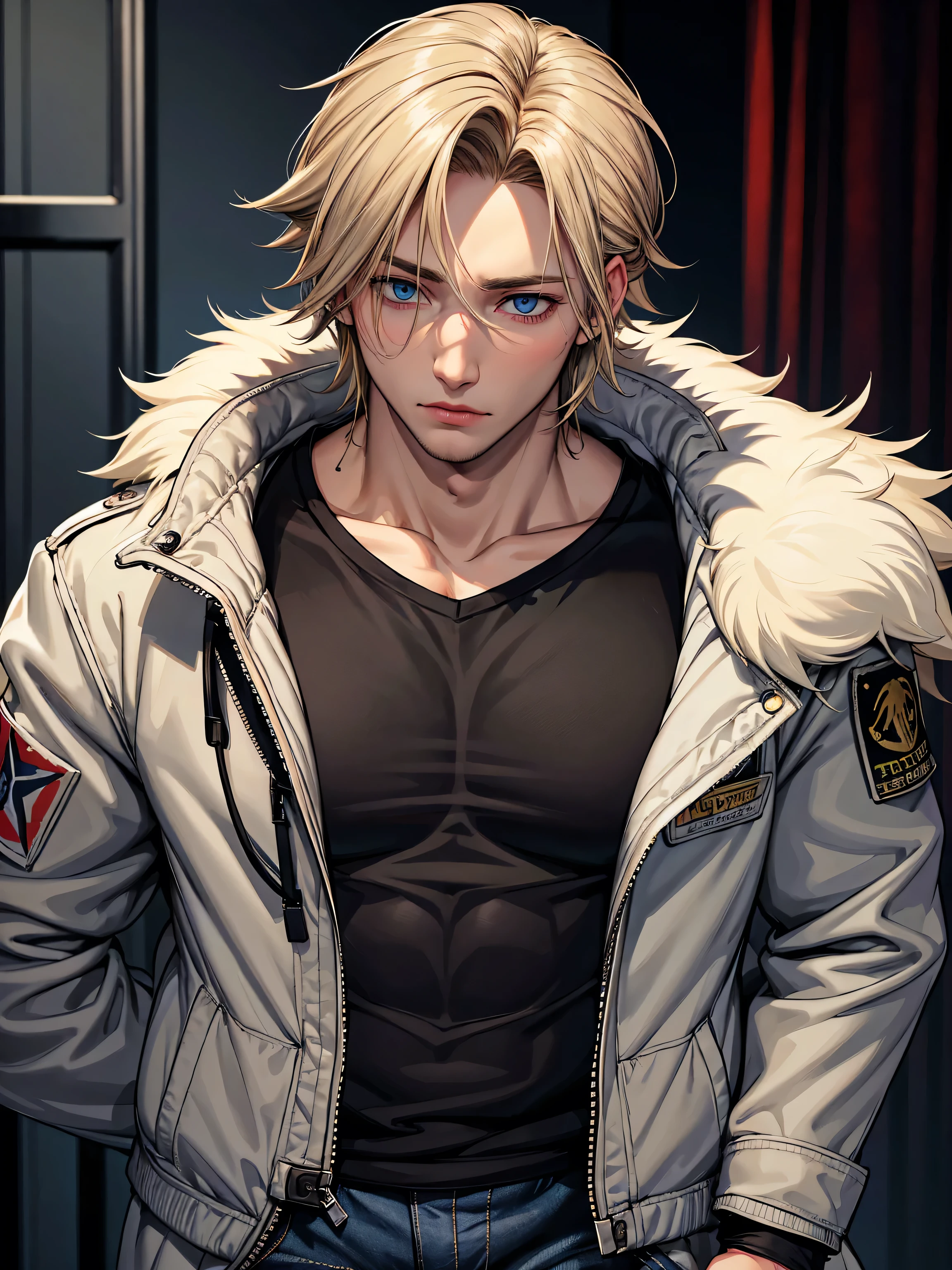 1boy, (Name: Alex Hendry), Blonde,Mullet Hair 1:3, Handsome, Cool, Sherpa Furry Jacket, In a Dark Hospital, Detailed, , Jeans, Perfect Eyes, Silent Hill's Vibes, Perfect Face