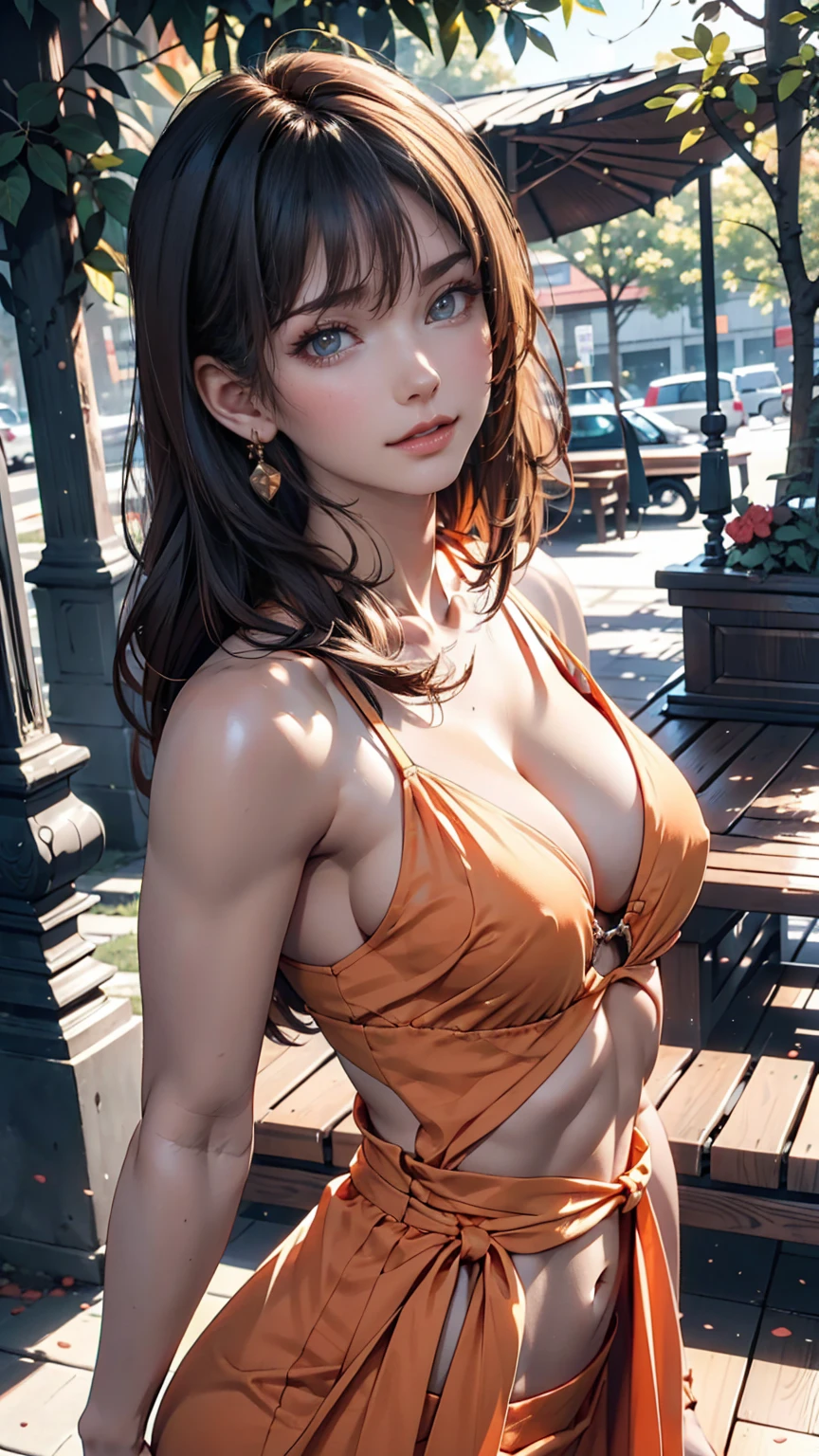 woman, at the park, sunny day, Orange sundress, born, Ultra-high resolution, 8k, (close:1.1), head, Highly detailed face, Amazing eyes、24歳のwoman、魅力的な若いwoman, (Beautiful Face:1.1), Detailed eyes, Seductive lips, (eye make up:1.2), (Medium chest:1.0), (Toned body:1.2), Sexy proportions、Narrow waist