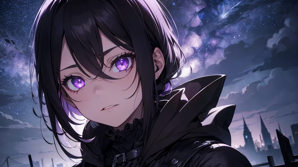 a gothic man with black hair, purple eyes looking up at the starry sky, the stars reflected in his eyes, dark and mysterious, cinematic, dramatic lighting, moody atmosphere, hyper-detailed, 8K, high quality, photorealistic