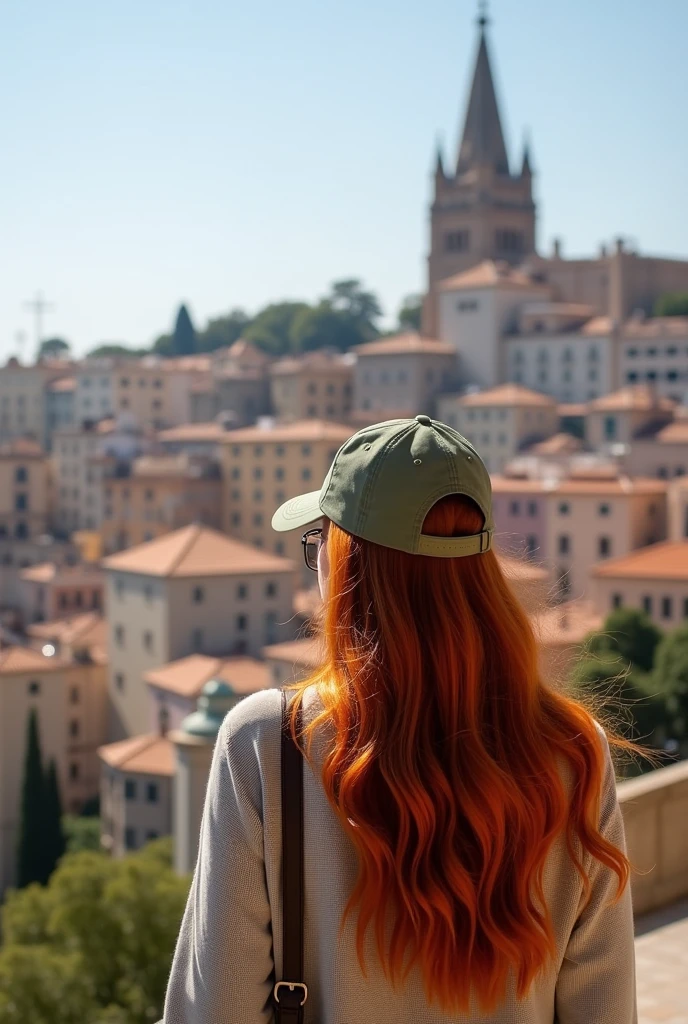 White redhead woman with a cap and long hair visiting the Tibidabo church in Barcelona