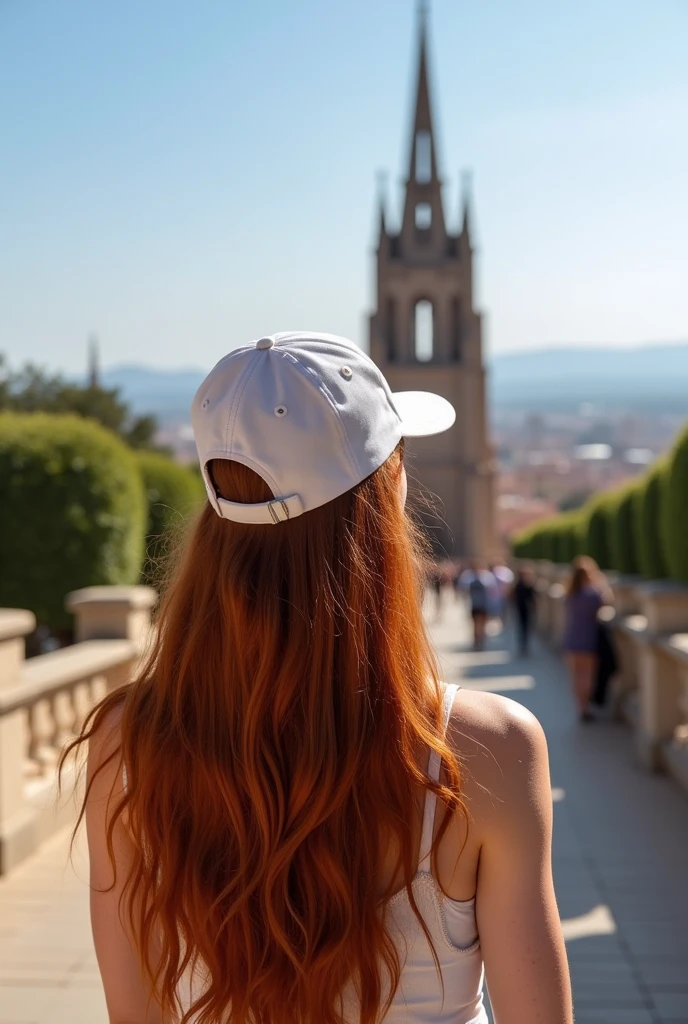 White redhead woman with a cap and long hair visiting the Tibidabo church in Barcelona 